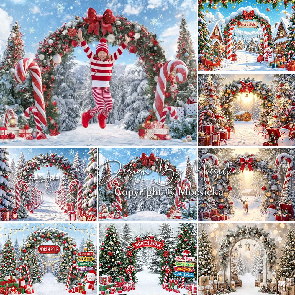 Mocsicka Christmas Arch Garland Door Backdrop Photography Xmas Candy Cane Gift Forest Tree Snow Background Family Studio Photo