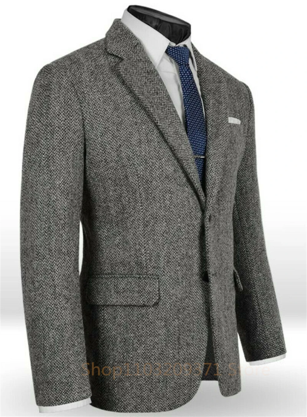 1 pcs Men\'s Suit Gray Blazer Prom Tuxedos Herringbone Wool Tweed Single Breasted Formal Bussiness Jacket for Wedding(Only Coat)