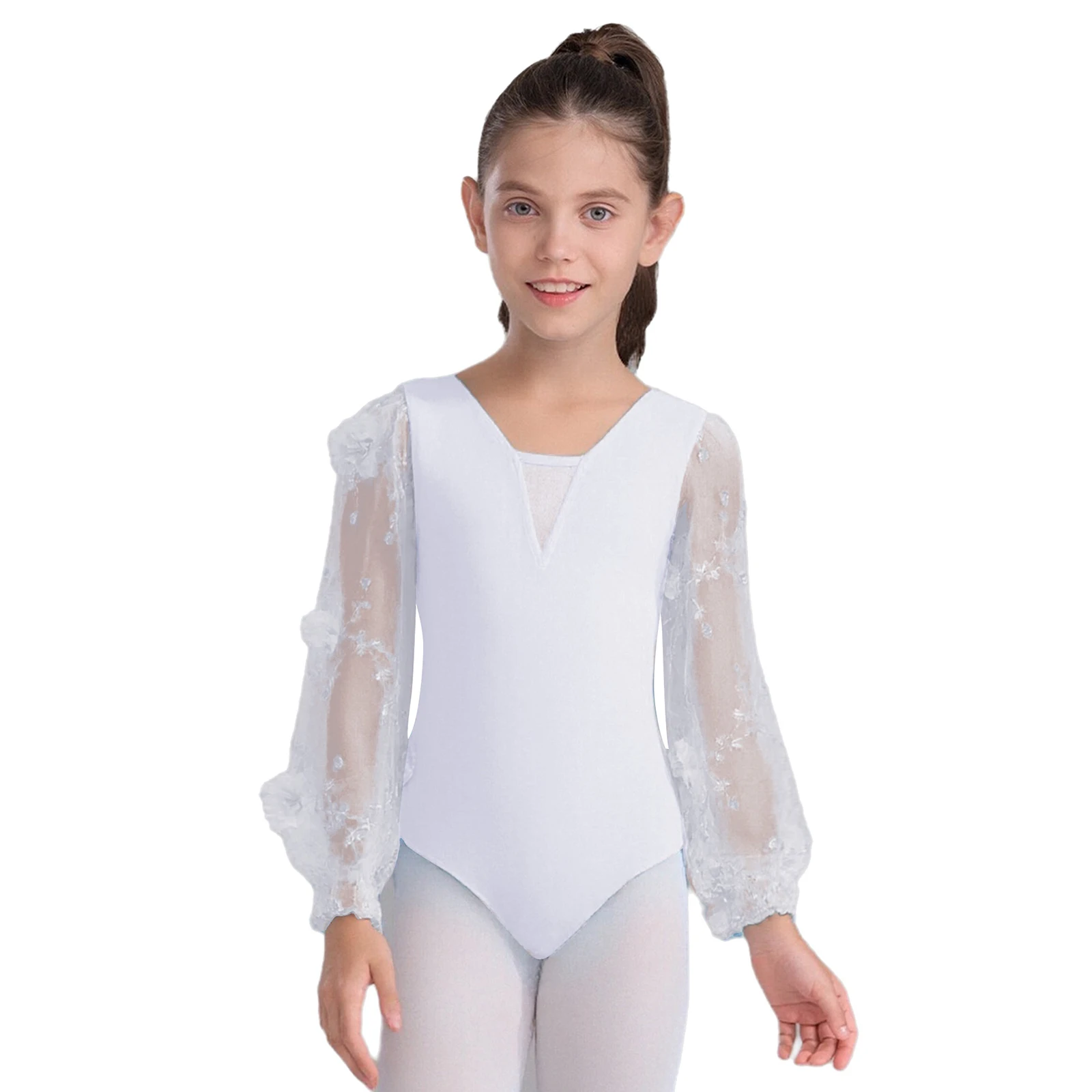 

Kids Girls Ballet Leotard Flowers Embroidery Sheer Mesh Long Puff Sleeves V-Neck Dance Leotard Professional Ballerina Costume