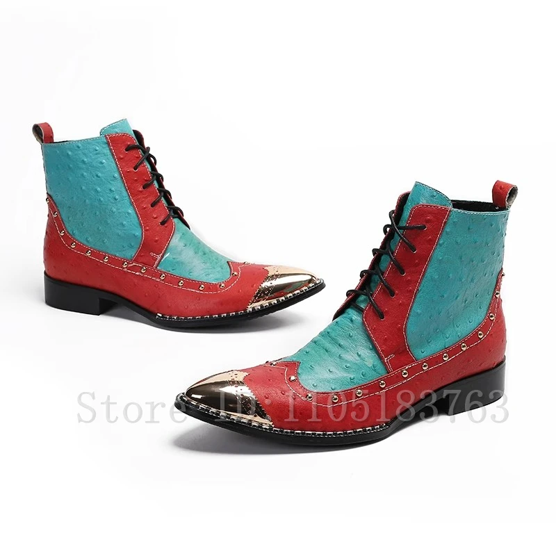 Men Genuine Leather Color Matching Ankle Boots Lace Up Zipper Rivets High Top Ankle Boots Classic Business Dress Boots