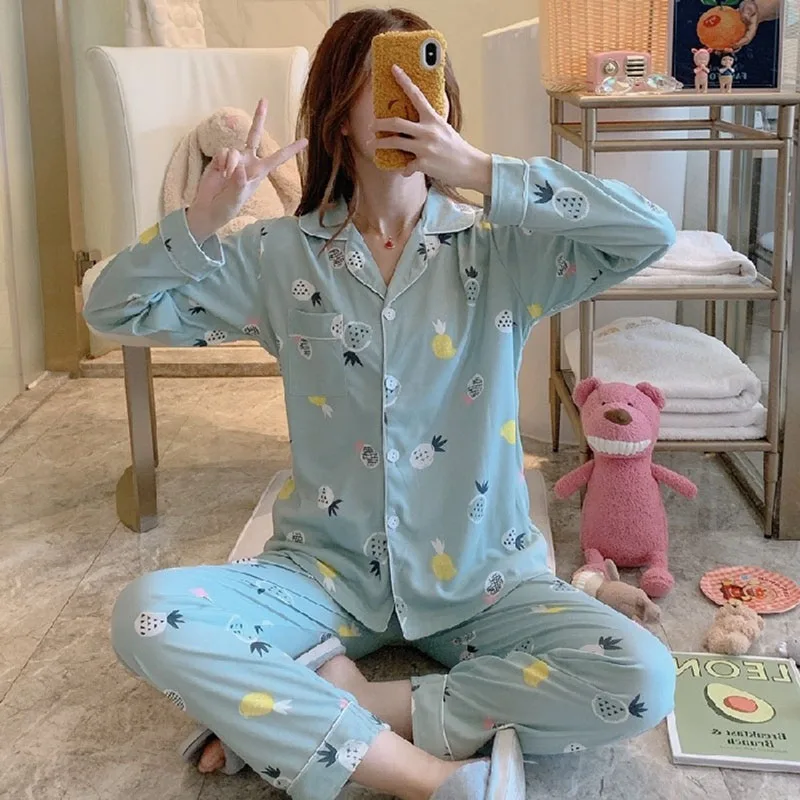 2PCS/Set Women\'s Pajamas Long-Sleeved Cardigan Autumn Winter Loose Casual Homewear Cherry Cartoon Bear Pattern Sweet Kawaii Girl