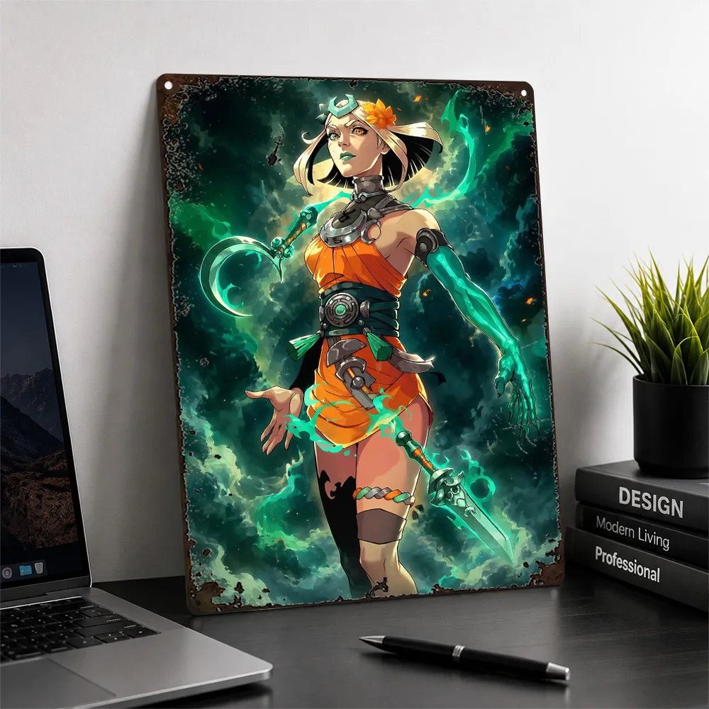 Sorceress With Glowing Weapons Aluminum Poster Fantasy Wall Art For Entertainment Room Customized Metal Sign Video Game Fan Gift
