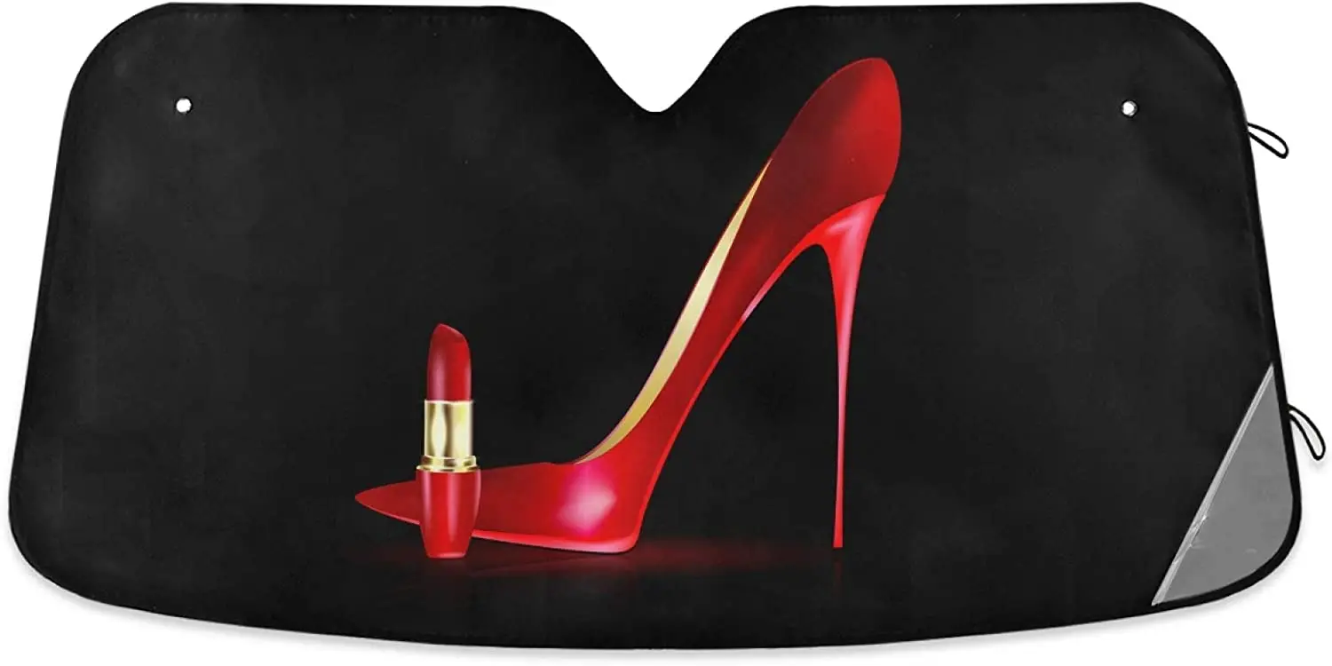 Red Shoe High Heel Lipstick On Black Auto Car Front Sunshade Windshield Automobile Window Foldable Visor Vehicle Blocker UV Rays