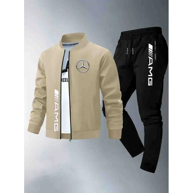 

Mercedes-benz Men's casual polyester jacket set: Stand-up collar, full zipper front pocket with zipper, warm wool lining, solid