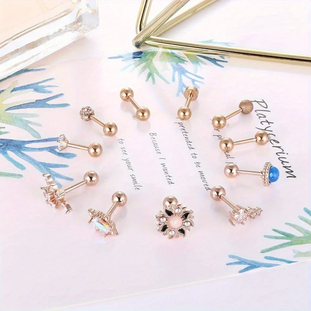 Bobisty11Pcs Stainless Steel Cartilage Stud Earrings CZ Opal Conch Forward Helix Tragus Daith Piercing Jewelry Set for Women