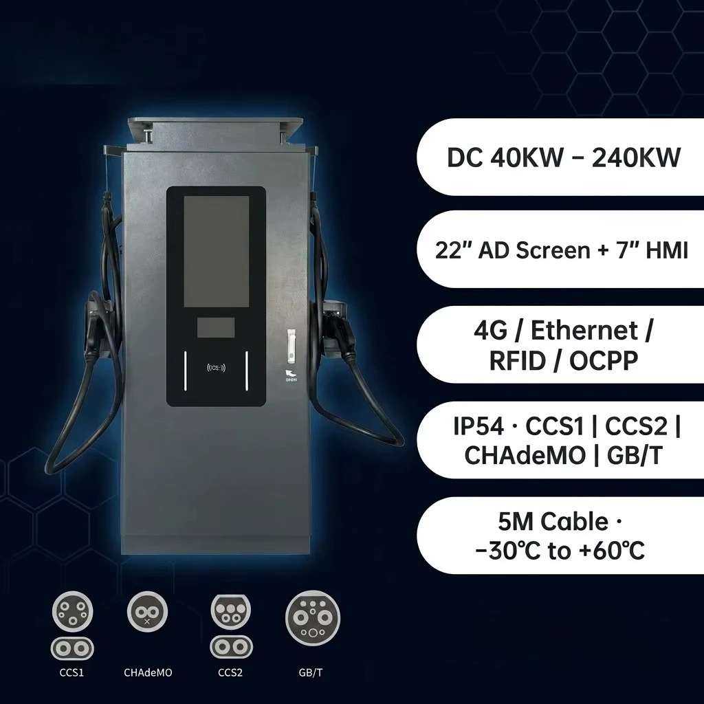 60KW 120KW 240KW OCPP DC Fast Charging Station Dual  22 Inch Display CCS1 CCS2 CHADEMO GBT 1.6J 4G RFID IP54 EV Charger view 2