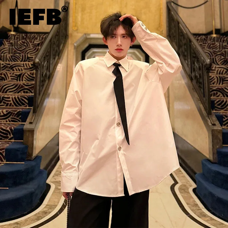 

IEFB Fashion Long Sleeve Shirts Tie Turn-down Collar Casual 2024 Autumn Loose New Male Tops Single Breasted Solid Color 9C5363