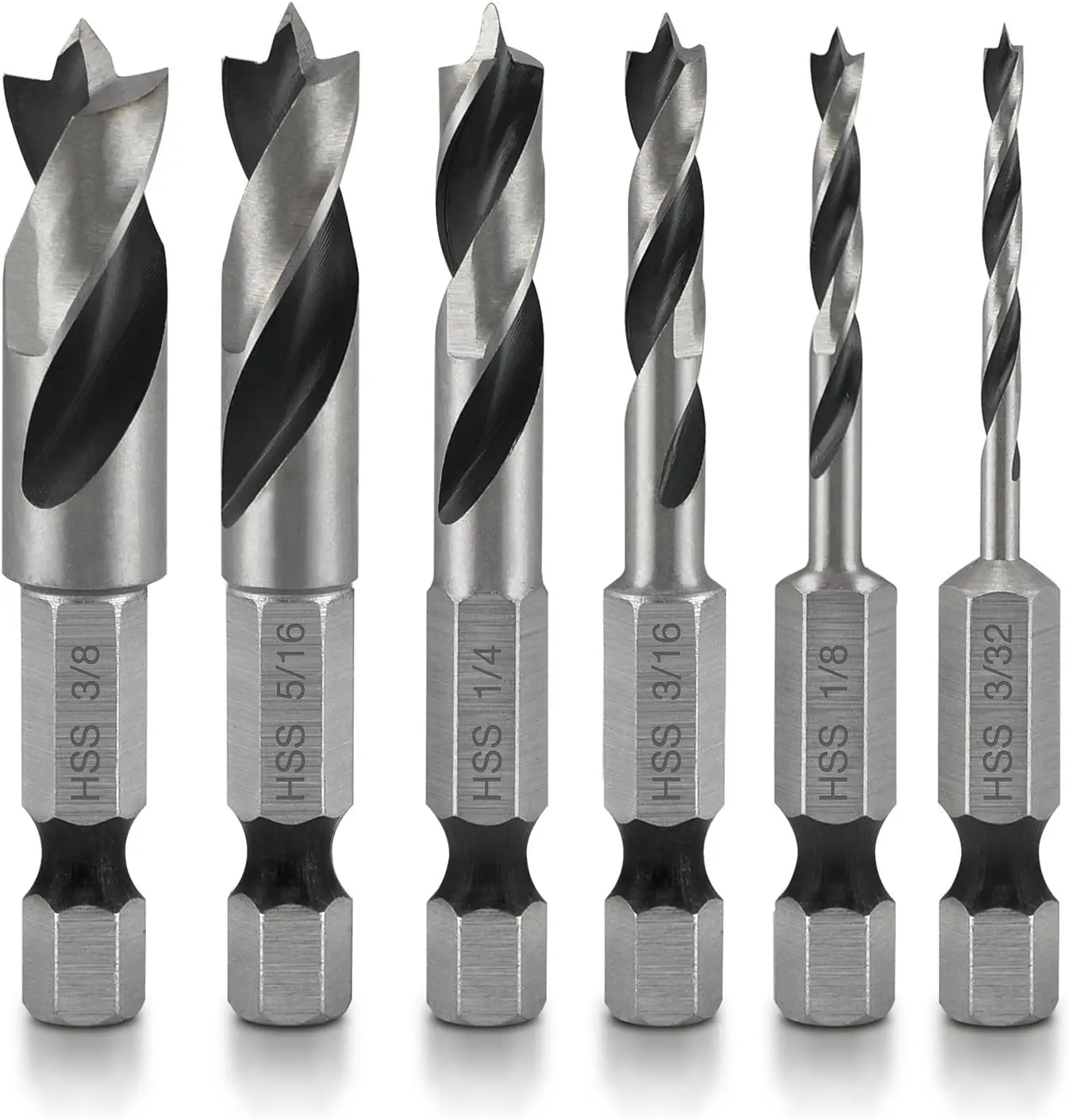 High Speed Steel Stubby Drill Bit Set - 6 Brad Point Bits with 1/4