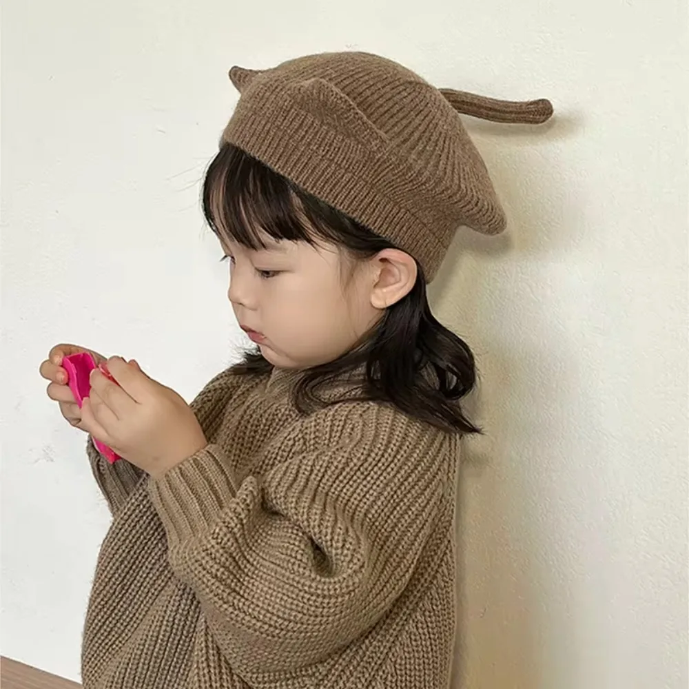 New Wool Beanie Cap Cat Ears Solid Color Painter Cap Knitted Warm Beret Hat Kids