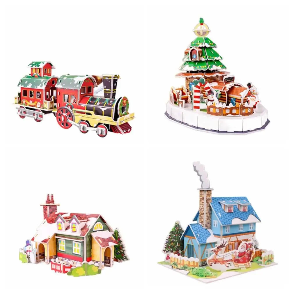 Puzzle 3D de maison de Noël pour enfants, arbre de Noël, train, carte en papier, blocs de construction d'assemblage faits à la main, jouet modèle