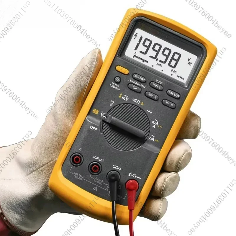 87V/C industrial multimeter with true RMS temperature measurement, peak capture, and low-pass filtering for use in test