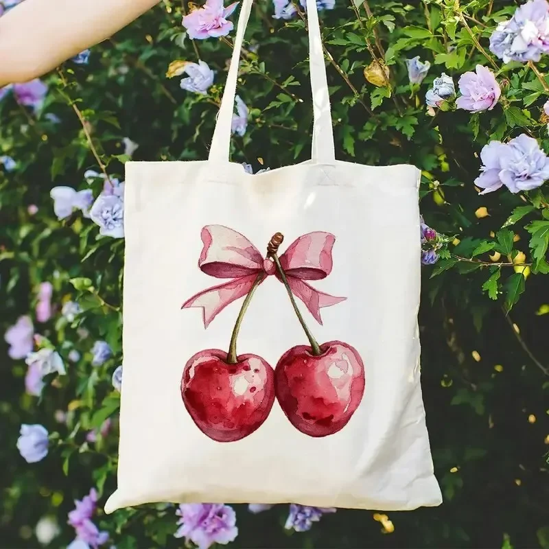 Bowknot Cherry Pattern Print Canvas Tote Bags, Ladies Shopper Bag, Fashion Harajuku Style Shoulder Bags for Casual Shopping Bag