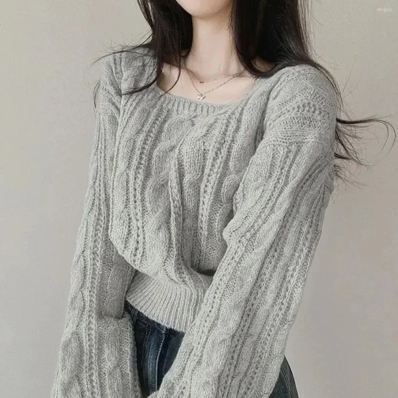 Casual Skinny Twists Knit Pullover Sweater Autumn Winter Women's Tops Square Neck Long Sleeve Solid Short Pullovers Korean Woman