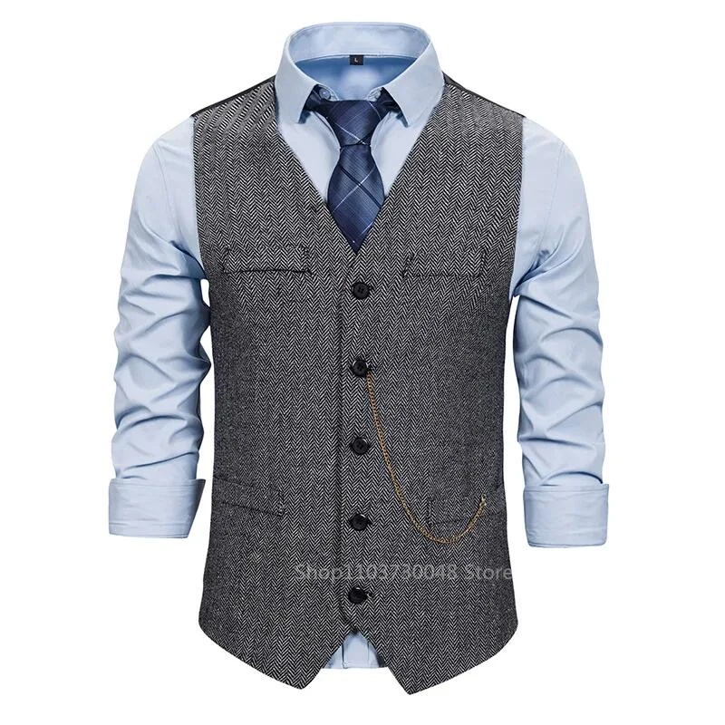 New Arrival Dress Vests For Men Slim Fit Mens Suit Vest Male Herringbone Waistcoat Casual Sleeveless Formal Business Jacket