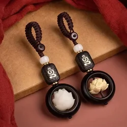 Buddhism Lotus Flower Keychain Accessories Wooden Buddha Lucky Beads Keyring Jade Pendant Car Bag Key Chain Holder Buddhist Gift