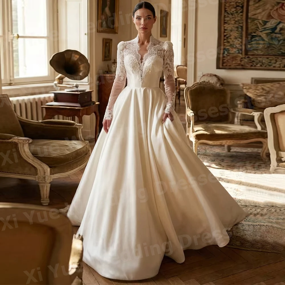 Graceful A Line Women's Long Sleeve Lace Appliques Wedding Dresses Vestido De Novia Satin Bride Gowns Customized Robe De Mariée