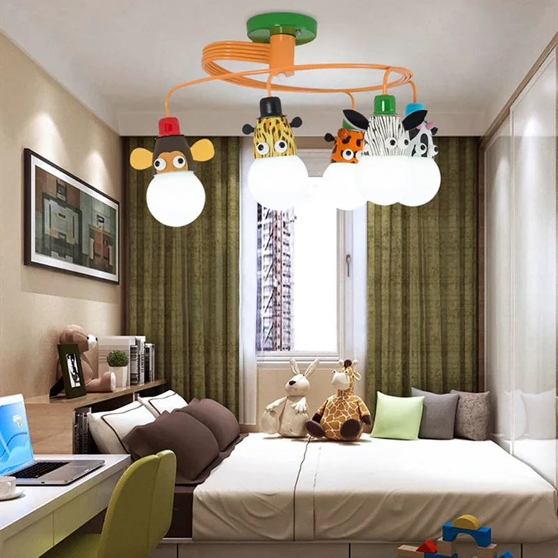 Imagem -03 - Nordic Multiple Heads Led Pendant Lamp For Children Bedroom Study Toy Room Corredor Ferro Forjado Iluminação Animal de Resina Candelabro