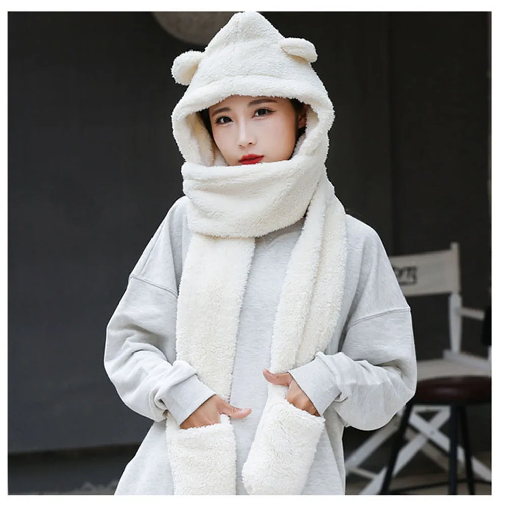 Girl\'s Warm Accessories Cute Bear Ears Warm Double Thick Autumn And Winter Women\'s Hat Scarf Gloves Three Sets In One