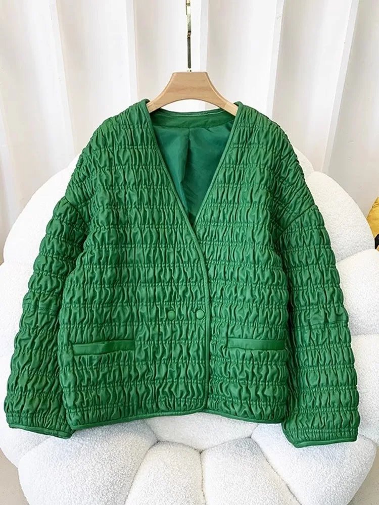 Female Genuine Leather Jacket Button V Neck Loose Single Breasted Natural Sheepskin Cotton Classy Casual Top Quality Office Lady