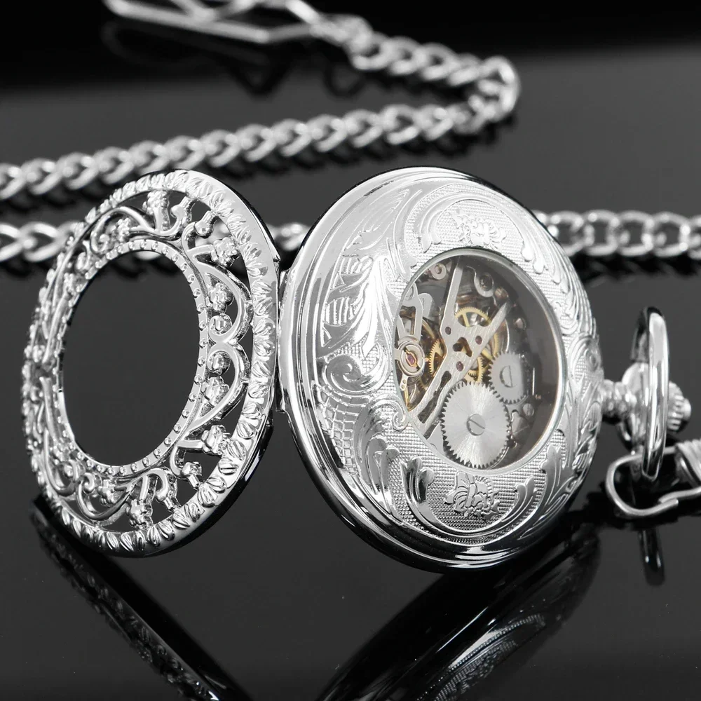 Antique Full Silver Pocket Watch Mechanical Men Steampunk Vintage Hand-wind Engraved Fob Pendant Clock Women PJX1651