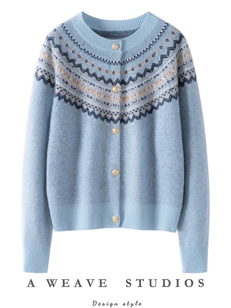 

TLOML Women's O-neck Metal Buttons Cardigan 100% Cashmere Knit Sweater Retro Jacquard High Quality Coat Autumn Winter Casual Top