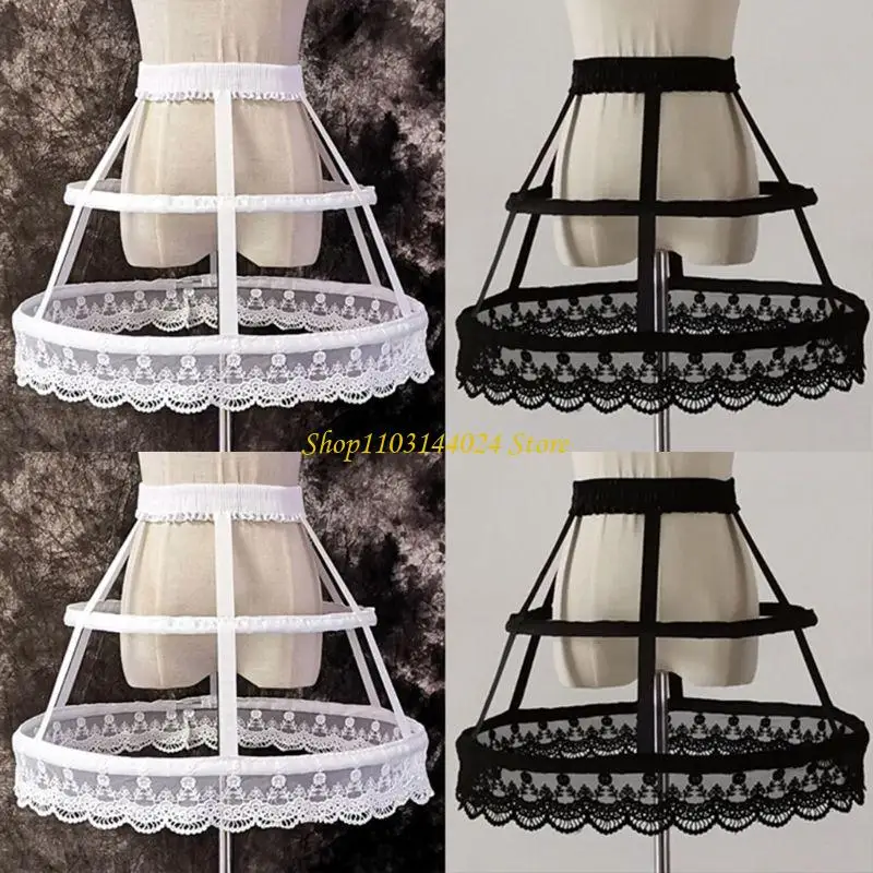 Women Victorian Petticoat 2 Hoops Crinoline Lolita Hollow Bird Cage Skirt Embroidery Floral Lace Underskirt