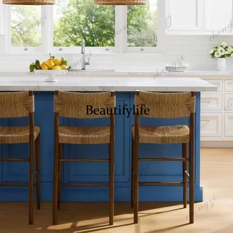 C178 Fashion solid wood bar chair backrest high chair braided rope B & B hotel bar seat hand-woven