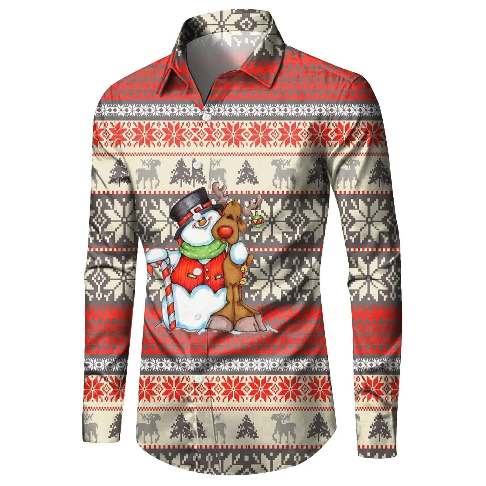 

Snowman Reindeer Casual Men's Shirt Daily Autumn and Winter Lapel Long Sleeve Men's Street Christmas Party Long Sleeve Shirt