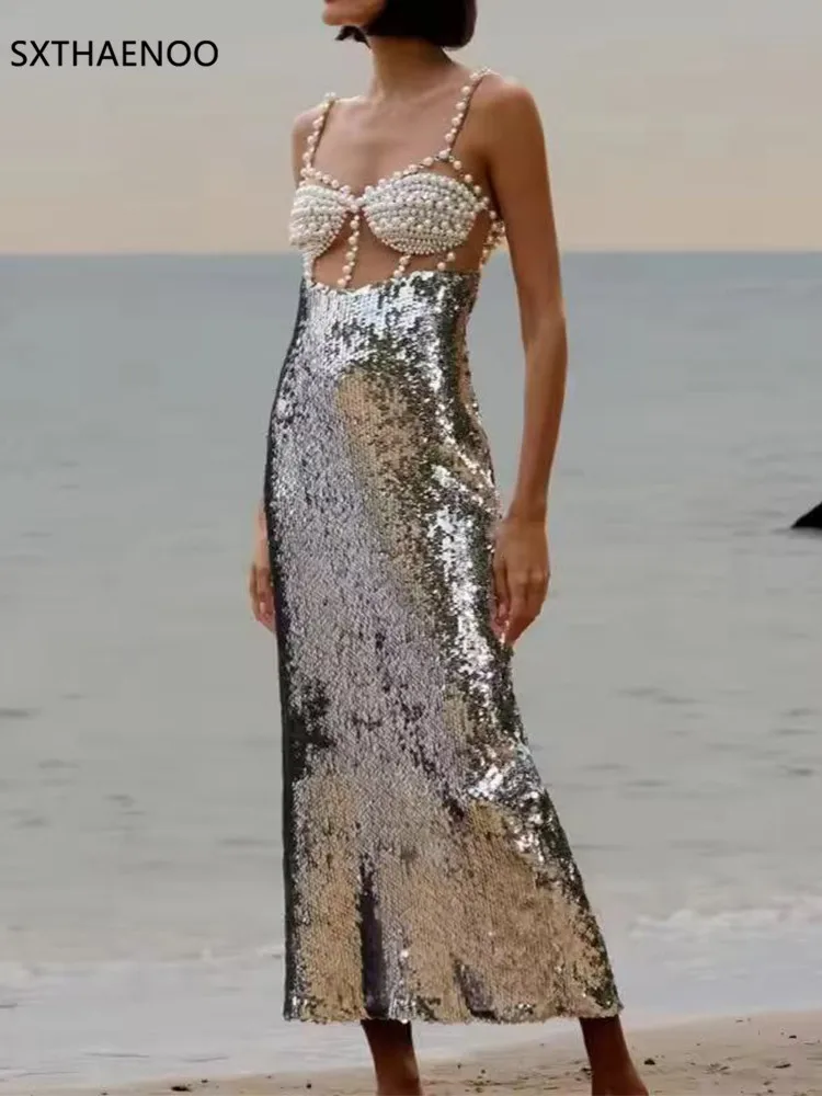 

Sxthaenoo Sexy Spliced Pearls Hollow Out Dresses for Women Square Collar Sleeveless Backless Shiny Bodycon Dresses Female 2025
