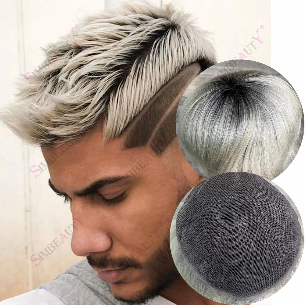 

Черные корни 60р # Ombre Платиновый Блондин Мужские Парики Серые Волосы Система Человеческих Волос Парик Прочный Полный Швейцарский Кружевной Протез Человеческих Волос