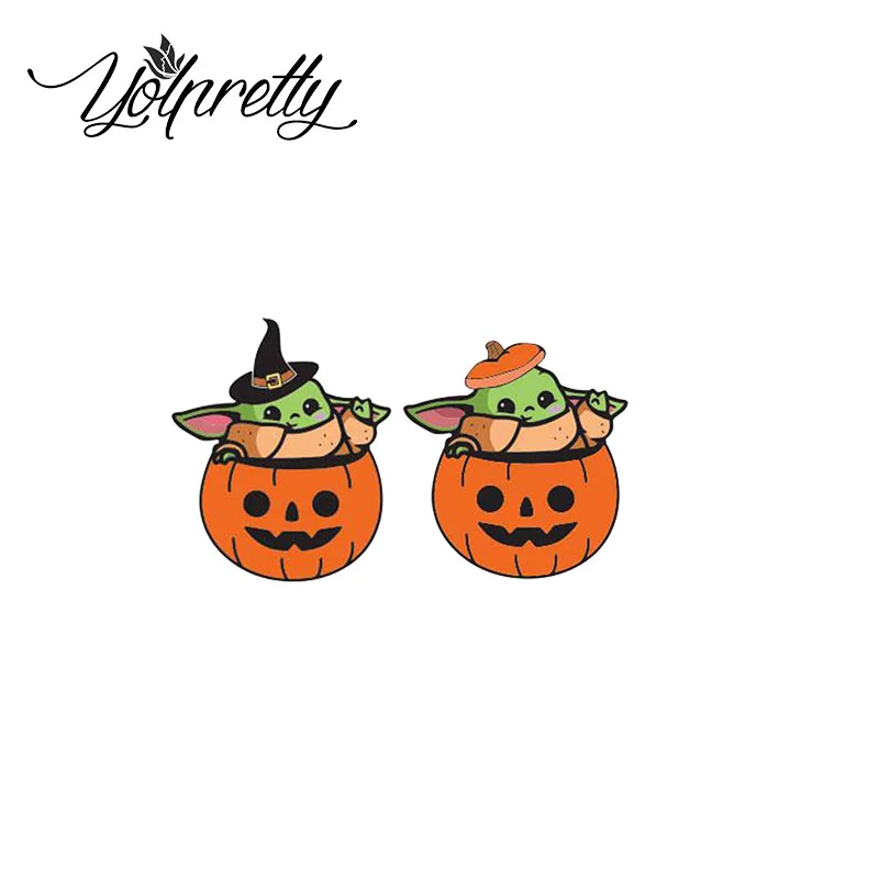 2024 New Arrival Cartoon Green Alien Baby with Pumpkin Halloween Cosplay Epoxy Stud Earrings Handcraft Acrylic Stud Earrings