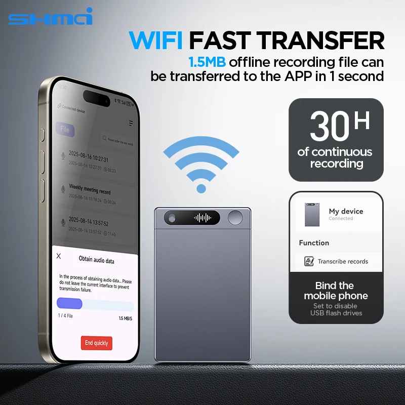 مسجل صوت ومسجل مكالمات يعمل بالذكاء الاصطناعي بسعة 64 جيجابايت من Shmci مزود بتقنية الكلام إلى النص والتجميع والترجمة ويدعم 103 لغة #1