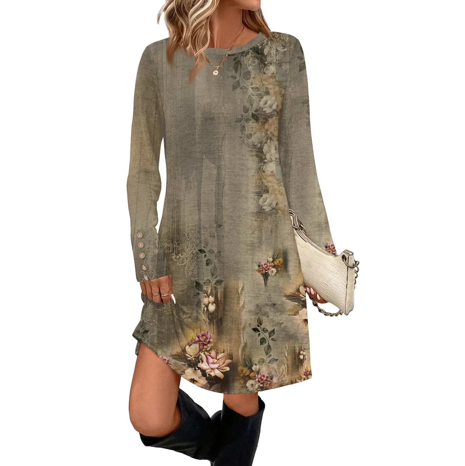 Vintage Ethnic Print Ladies Long Sleeve T-shirt Outdoor Street Ladies Loose Long Sleeve Top Everyday Casual Ladies Top Dresses