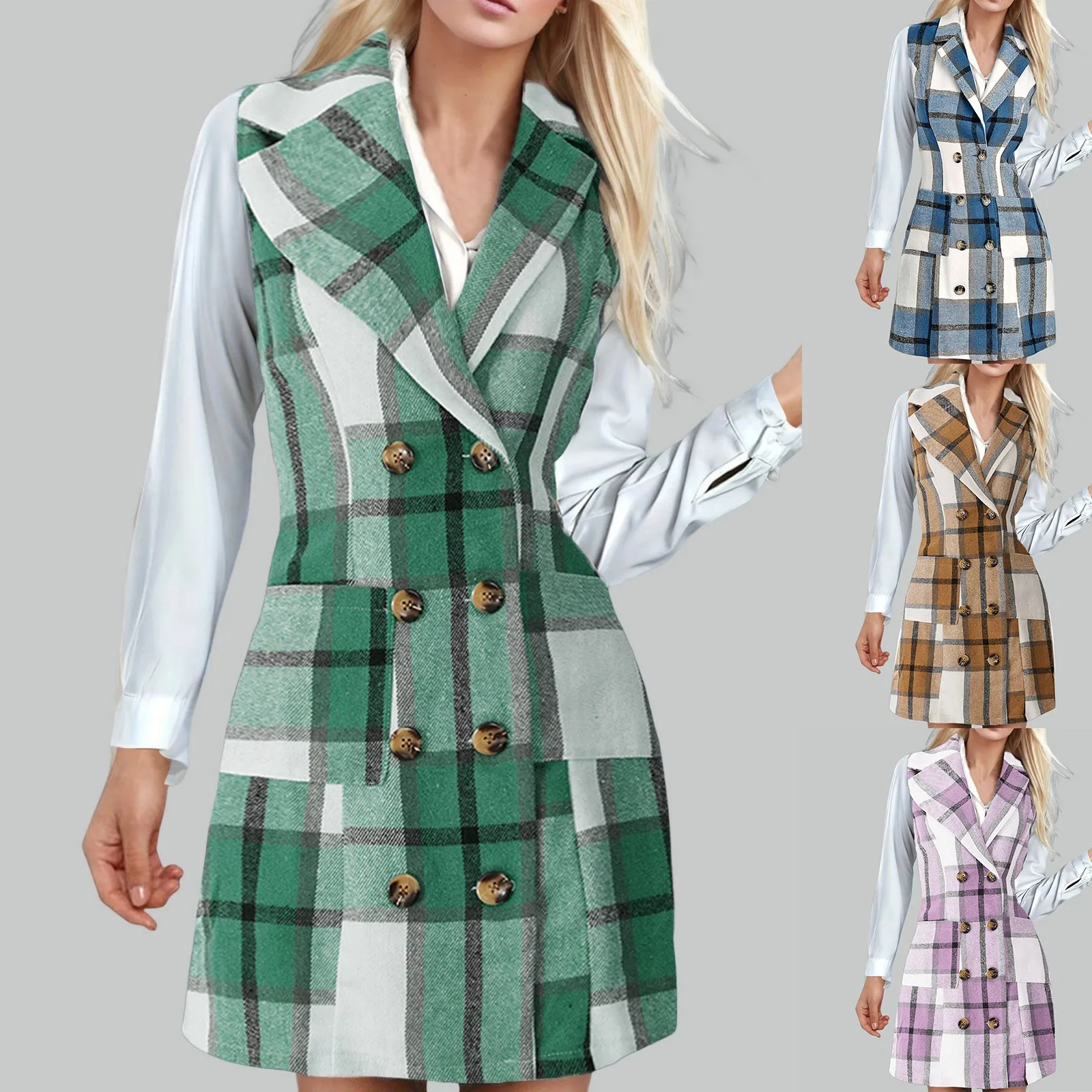 

Women's Fashion Plaid Long Vest Women's Suit Collar Sleeveless Shirt Dress Long Sleeve Casual Cocktail Dresses for Women Summer