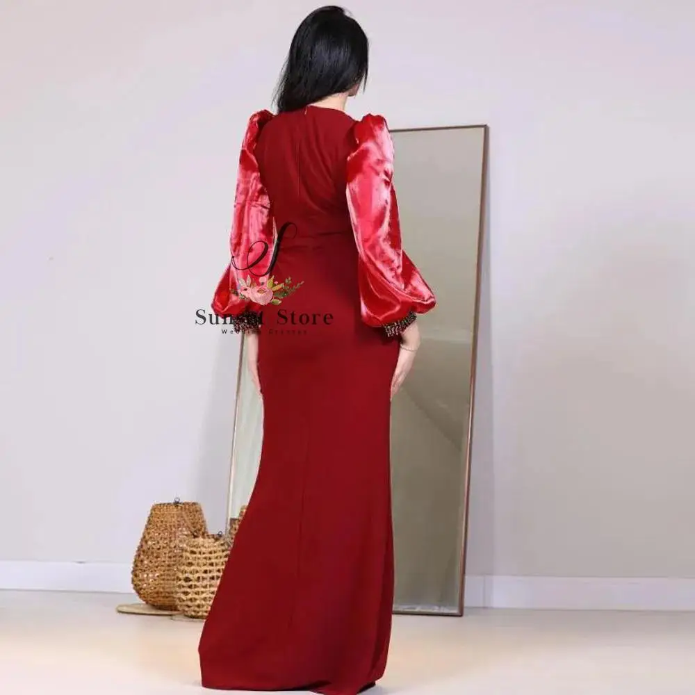 여성용 맞춤형 레드 이브닝 드레스, V넥 랜턴 소매 이브닝 가운, 스플릿 비즈 새틴 정장 웨딩 게스트 파티 드레스