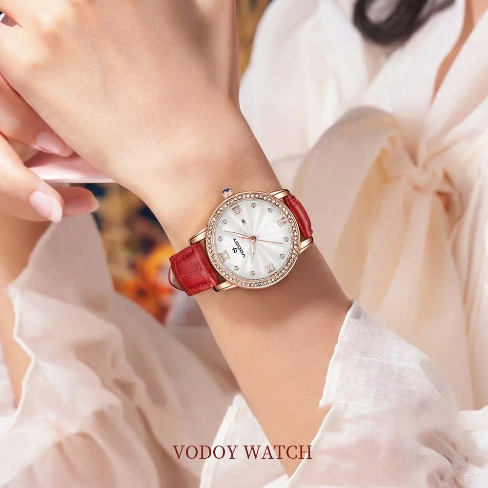 Vodoy Women's Quartz Watch Trendy Mother-of-Pearl Quartz Watch for Women Chanel-Style DiamondSet Calendar Everyday Women's Watch