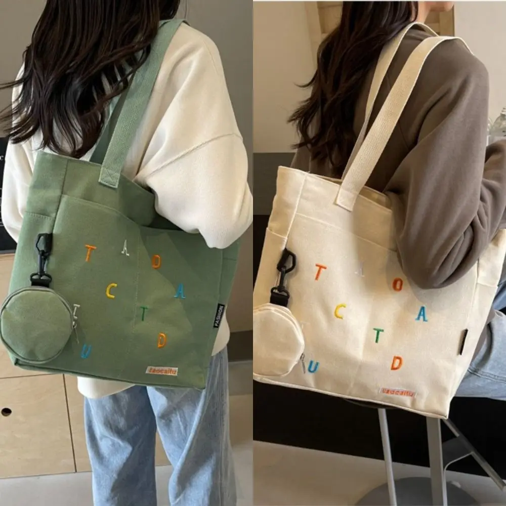 

Casual Cotton Canvas Handbag Embroidered Solid Color Tote Bag Large Capacity Thick Shoulder Bag Ladies
