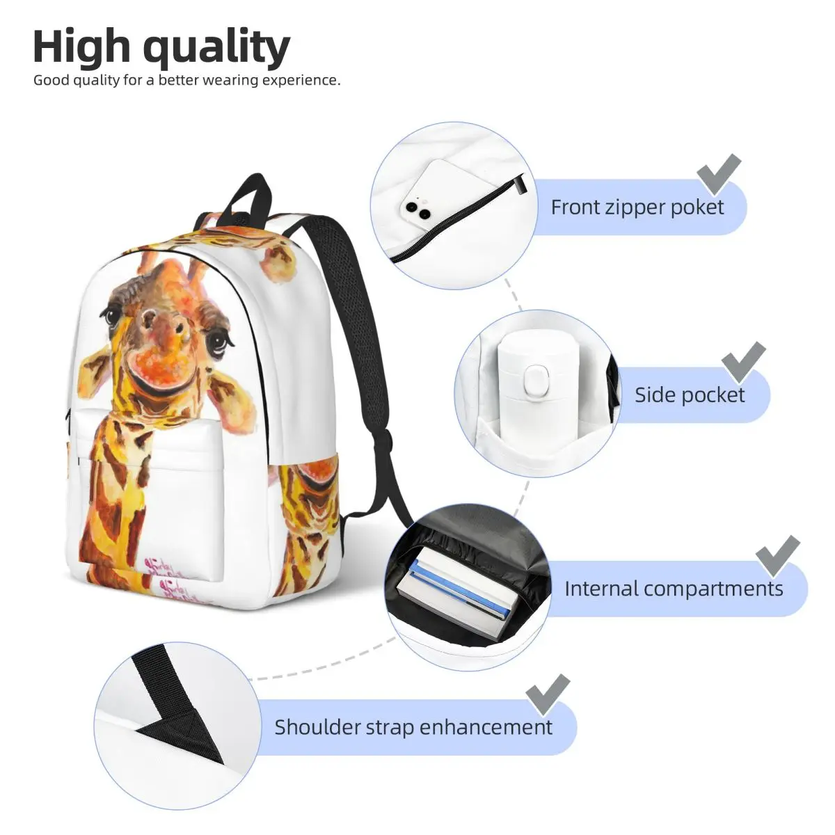 Nosey Giraffe ' Jo ' By Shirley MacArthur Student Backpack School Bag Hiking Travel Daypack for Boys Girls Bookbag Shoulder Bags