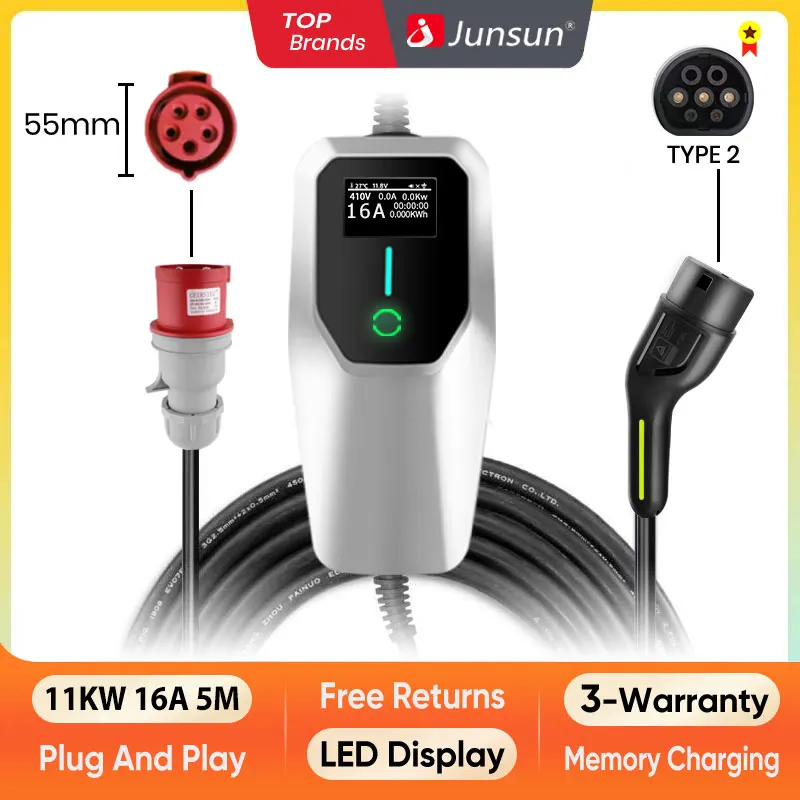 Junsun ev charger wallbox Silver 7kw 3.5KW 11KW 22KW 6A/8A/10A/13A/16A/20A/24A/32A Type 2 Car fast charging plug to plug charger