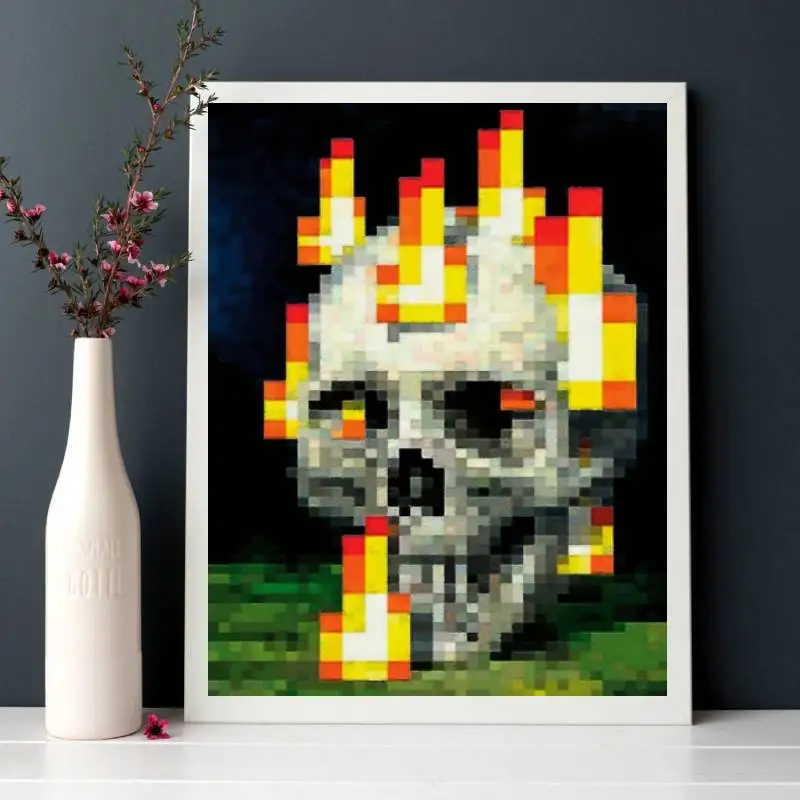 1 Stück lebendiges Pixel-Schädel- und Flammen-Leinwandposter – ungerahmter Kunstdruck für Schlafzimmer, Büro, Wohnzimmer-Dekoration, Totenkopf-Dekor