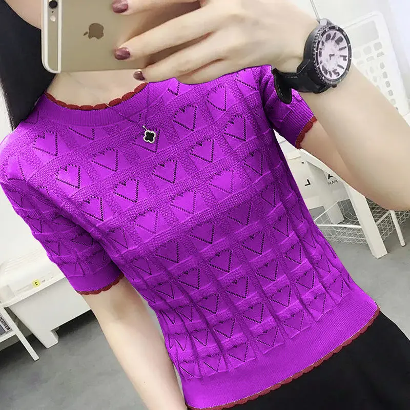 Fashion Loose Knitted Ruffles Hollow Out T-Shirt Women\'s Clothing 2023 Summer New Casual Pullovers Short Sleeve Korean Tee Shirt