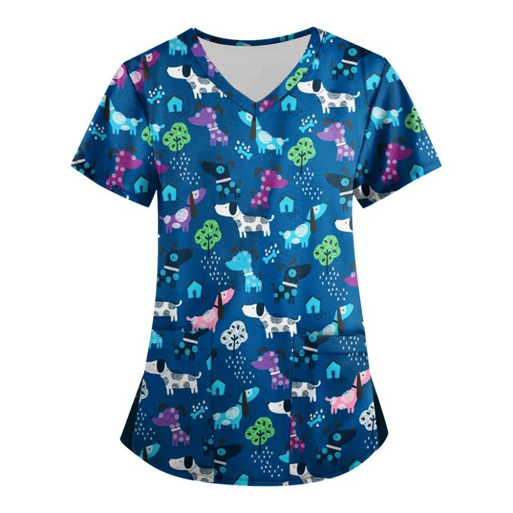 Uniforme médico para mujer, Tops de enfermera veterinaria con estampado de animales bonitos, moda con cuello en V, manga corta con bolsillos, uniforme clínico para mujer
