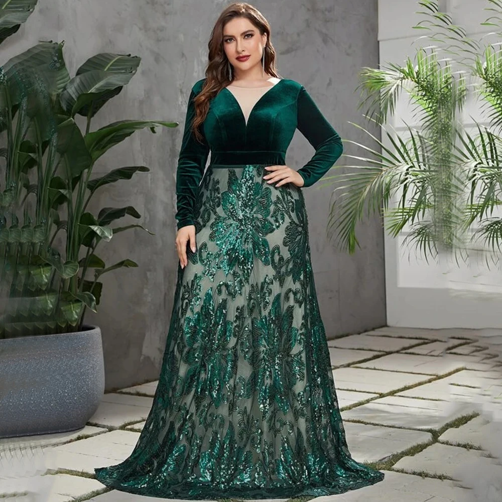 Vestido de noche verde con cuello redondo, manga larga, TERCIOPELO Y apliques, tul, largo hasta el suelo, evento, invitados, espalda abierta