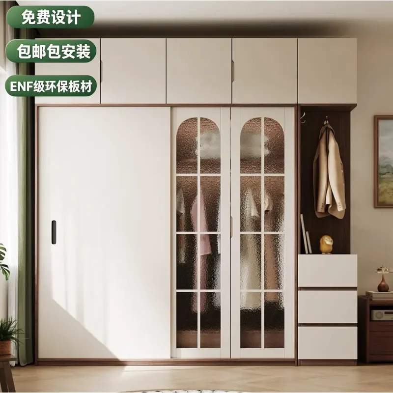 Medieval ENF sliding door solid wood wardrobe small apartment household bedroom living room sliding door wardrobe, storage