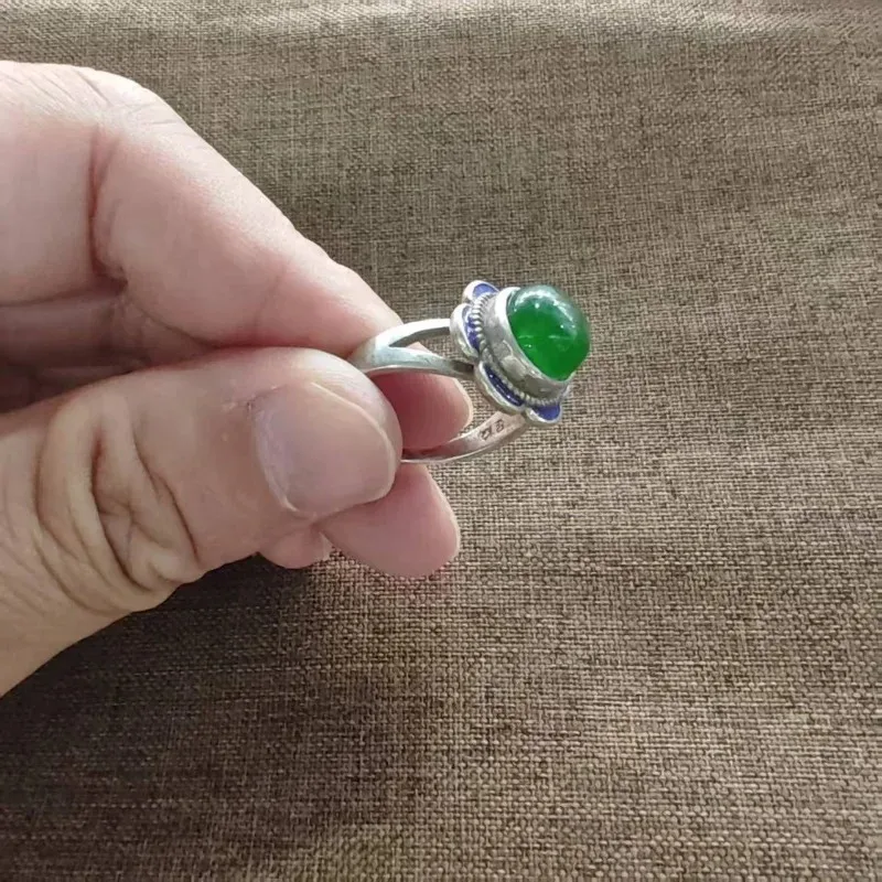 Retro Blue Enamel Floral Adjustable Ring Unisex Round Imitation Green Jade Stone Antique Silver‑Plated Boho Finger  Jewelry