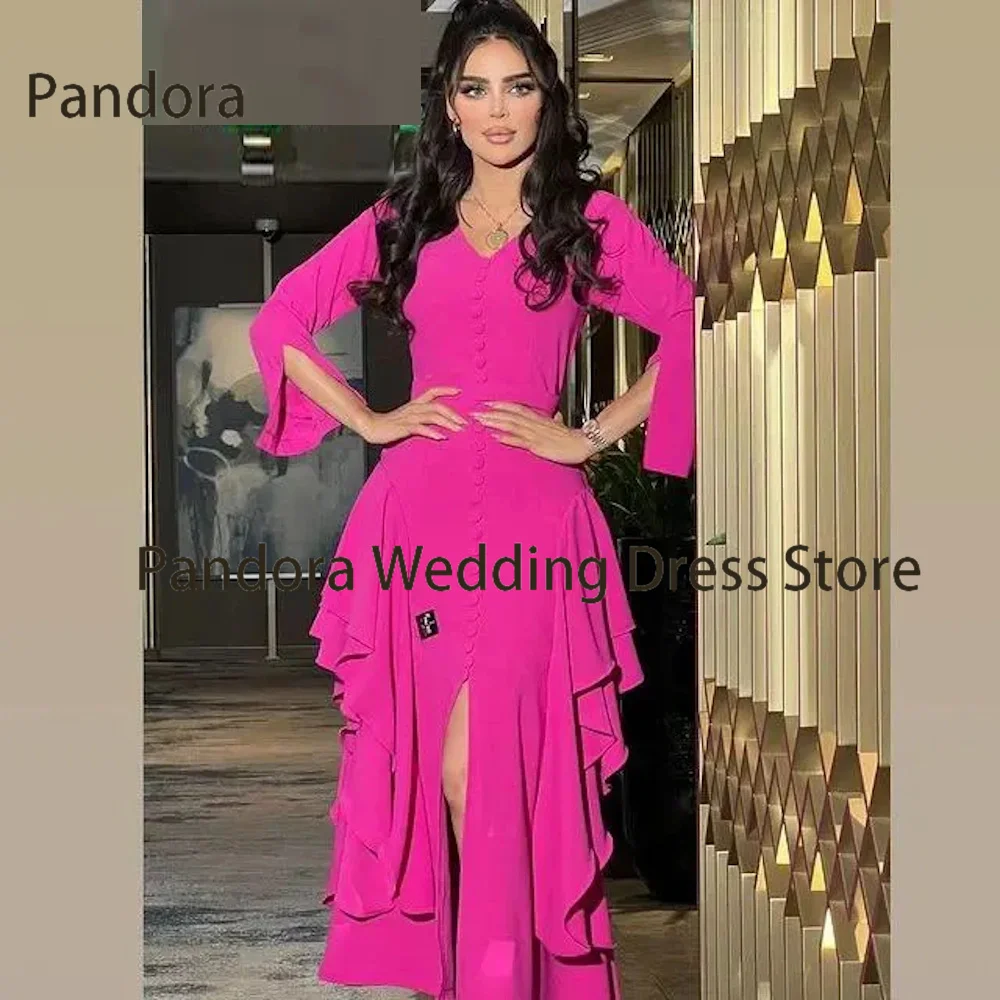 

Pandora Pink ankle-length ball gown with V-neck long sleeve slit Mermaid women‘s Summer elegant wedding party evening dress