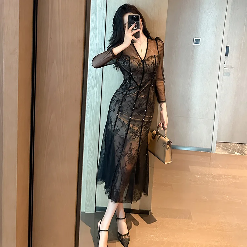 French Slim Womens Dresses V-neck Sheer A-line Women's Elegant Dresses Autumn and Winter New Ankle-length Long Dresses for Women