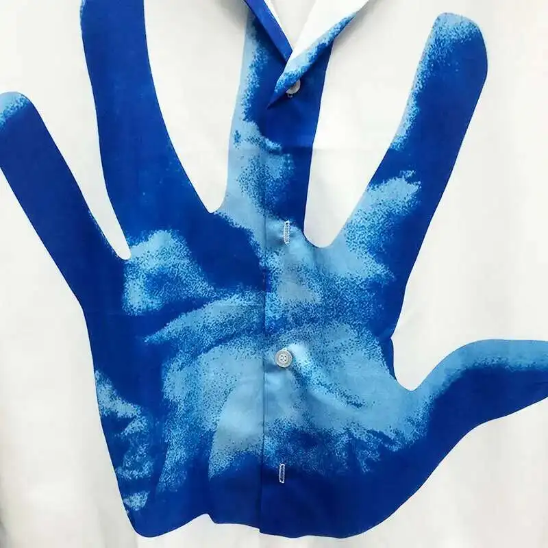 2023 Blue Hand Print Pattern Shirt Short Sleeve Casual Men Shirt Streetwear Summer Camisa  Masculina Color Contrast  Black Shirt