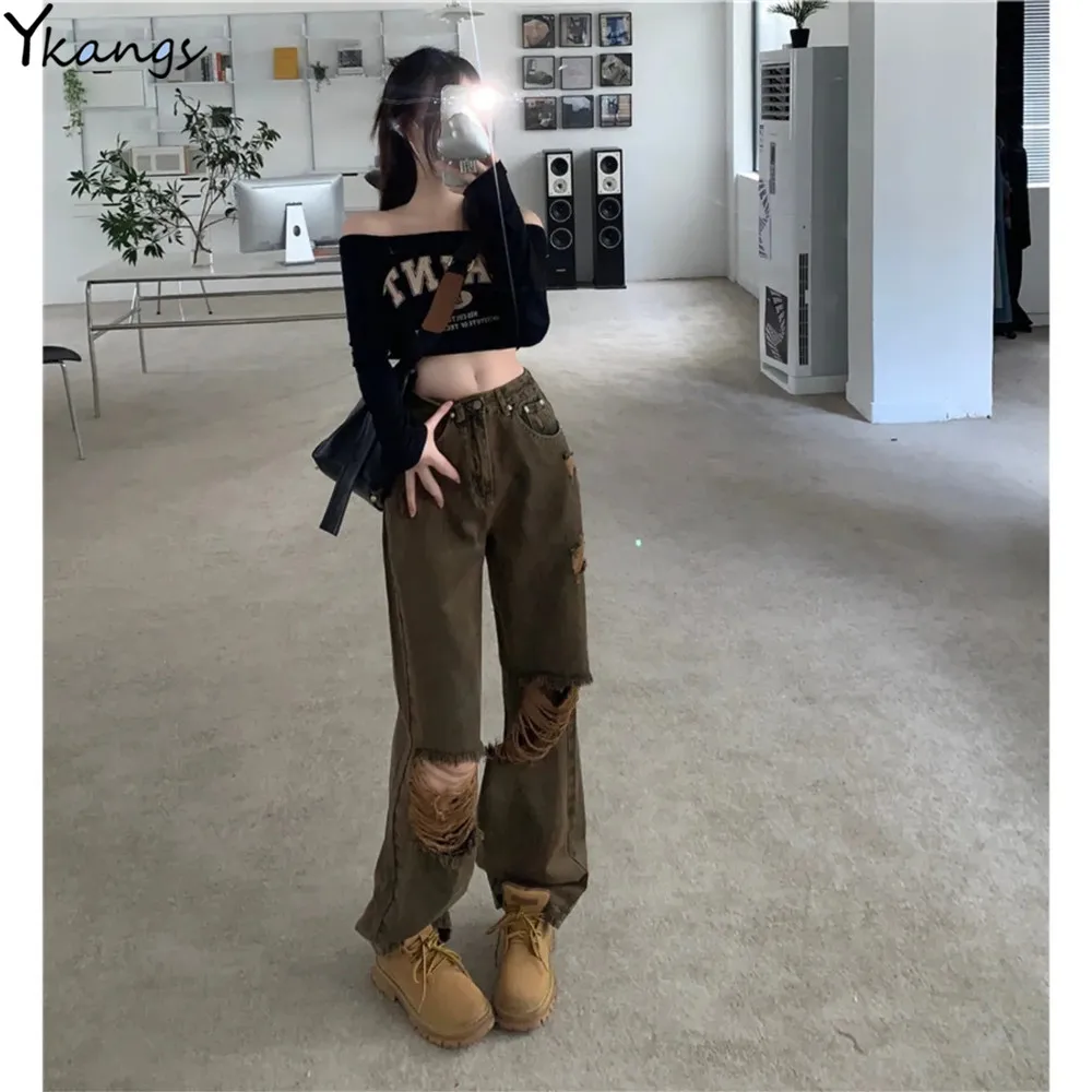 

Casual Loose Coffee High Waist Straight Jeans Women Vintage Harajuku Hole Hippie Clothes Denim Trousers Baggy Cargo Denim Pants