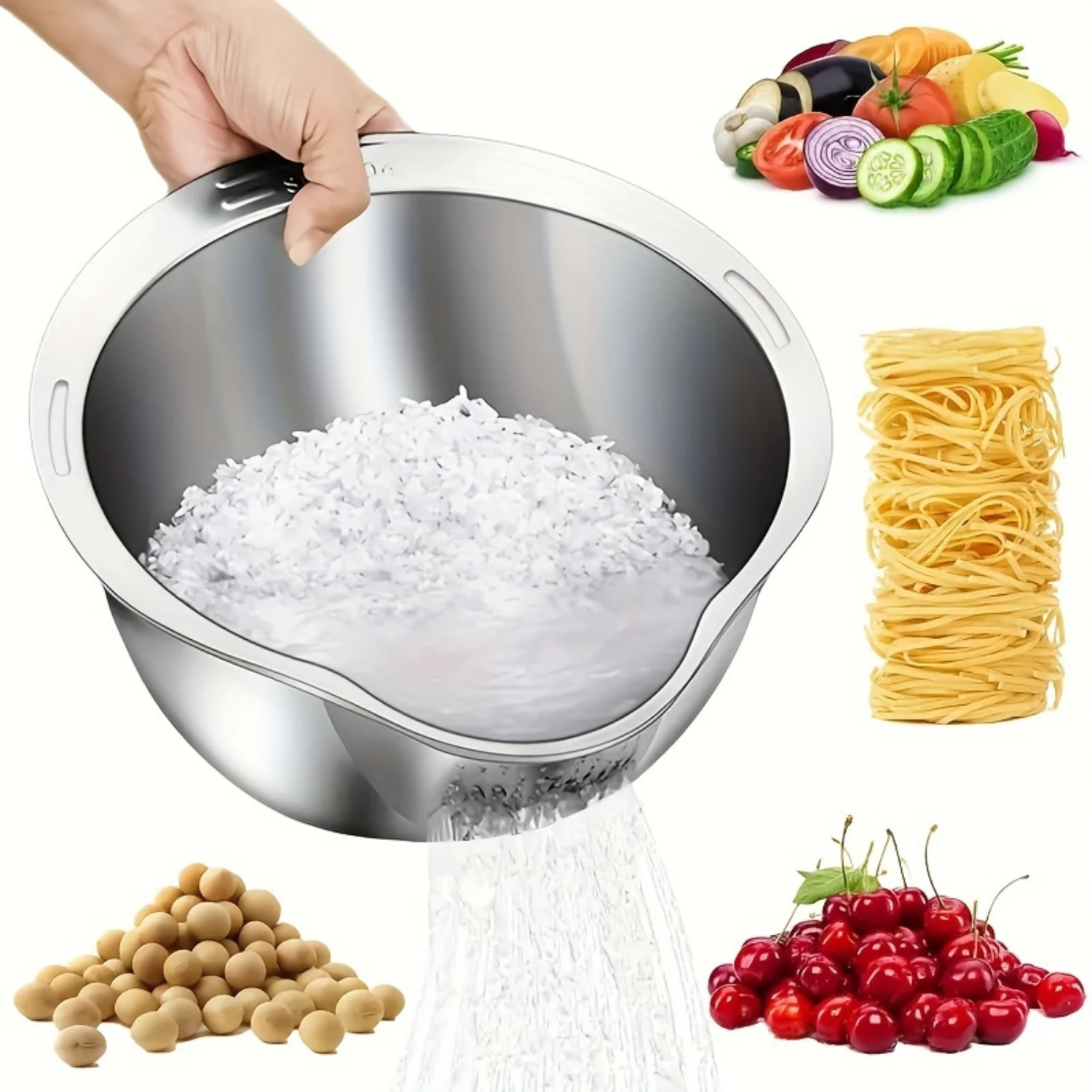 

4-In-1 Stainless Steel Rice Washer & Strainer Bowl - Versatile Kitchen Colander For Quinoa, Fruits, Vegetables & Beans - Durable